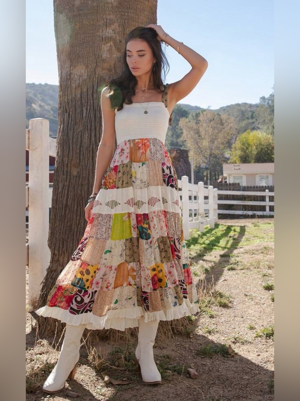 Boho Patchwork Tiered Midi Dress in White & Multicolor